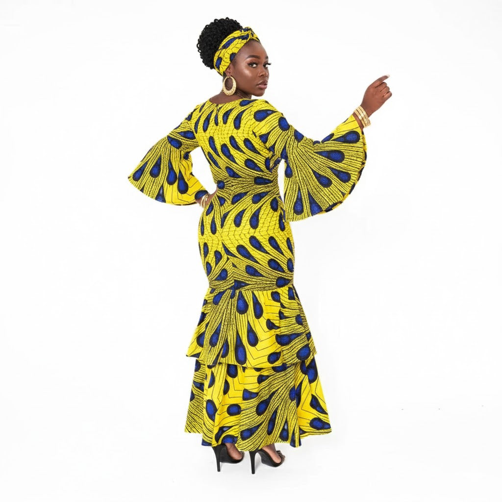 Anakara Print Smocked Fish Tail Dress - FREE SIZE