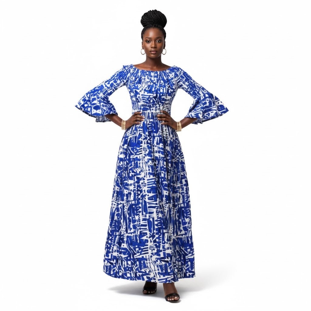 Ankara Print Long Frill Sleeve Dress
