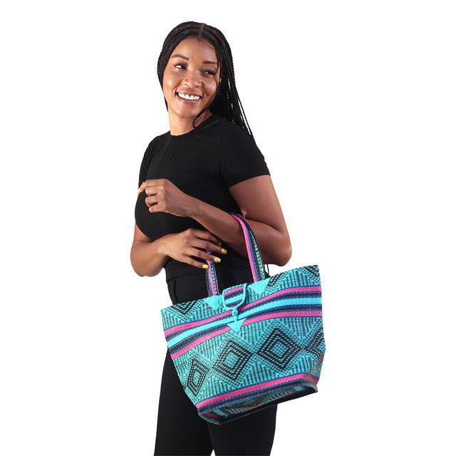 African-made Woven Plastic Flat Bottom Tote - ASSORTED