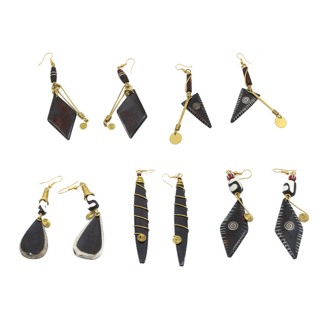 Set of 5 Brown Bone & Brass Kenyan Earrings