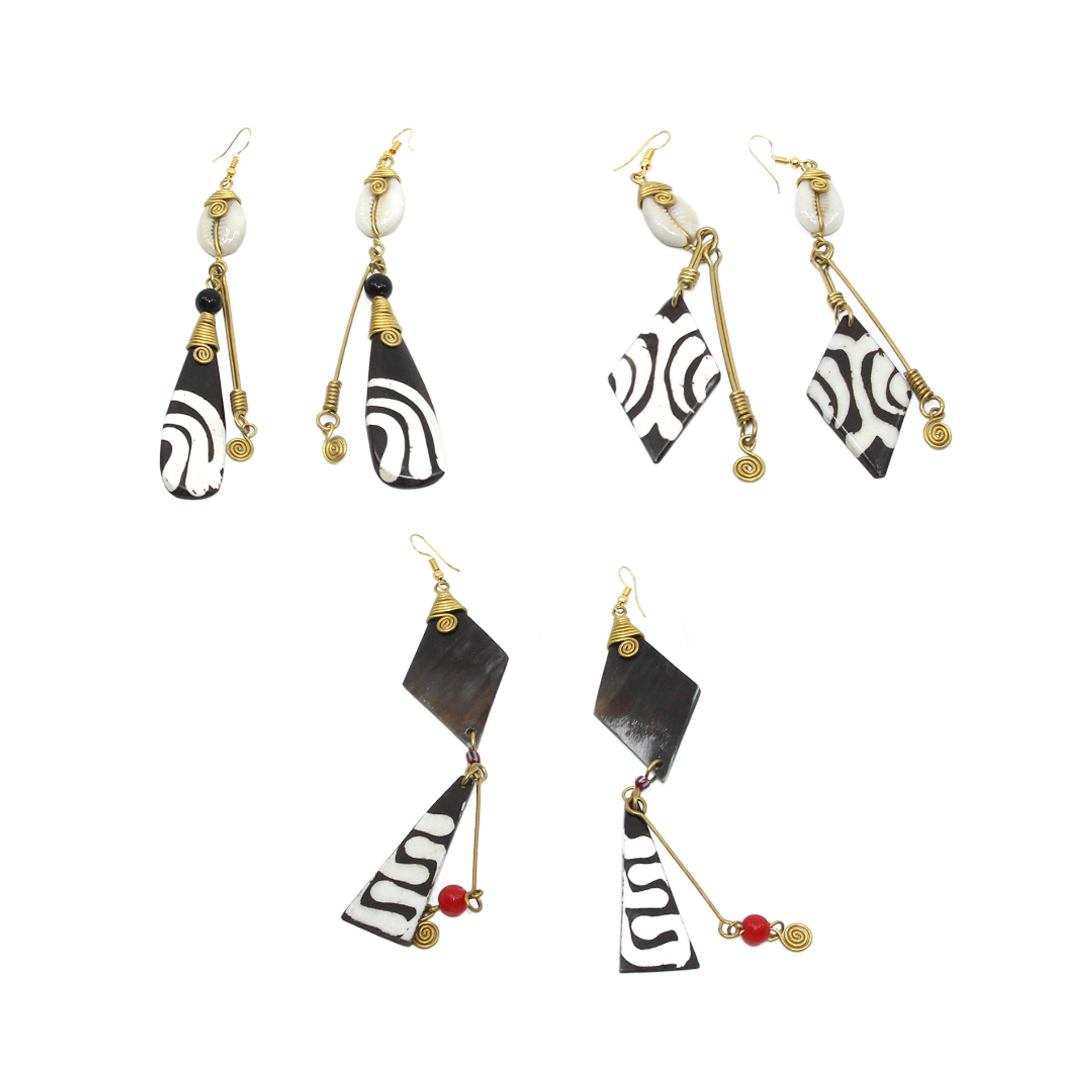 Set of 3 Kenyan Brass/Bone/Shell Earrings