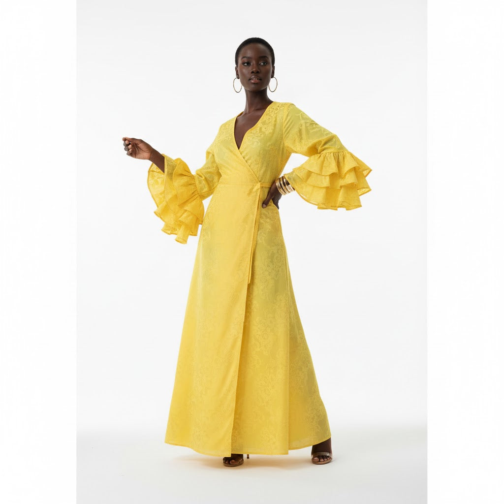 Solid Color Wrap Dress - Yellow