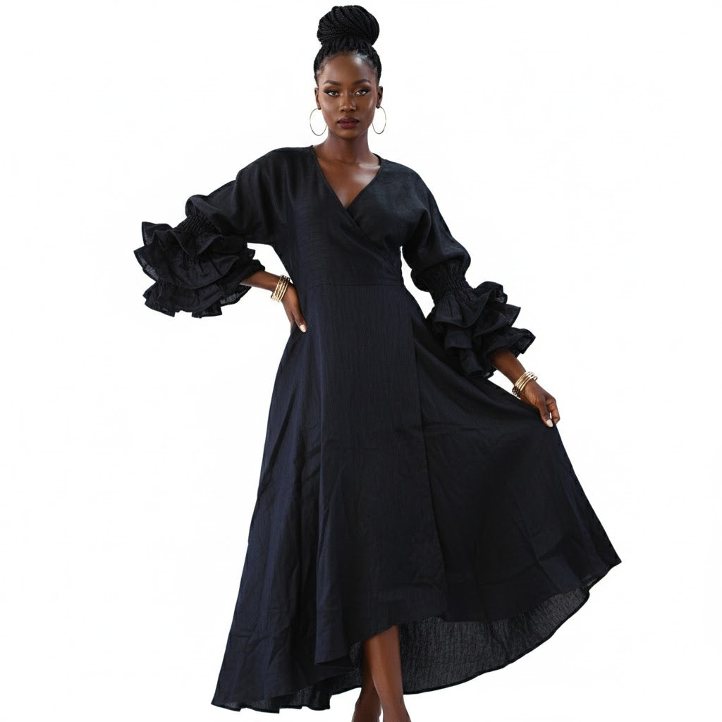 Solid Color Wrap Dress - Black