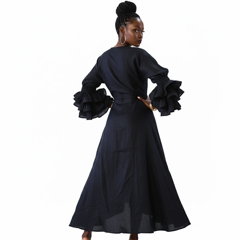 Solid Color Wrap Dress - Black