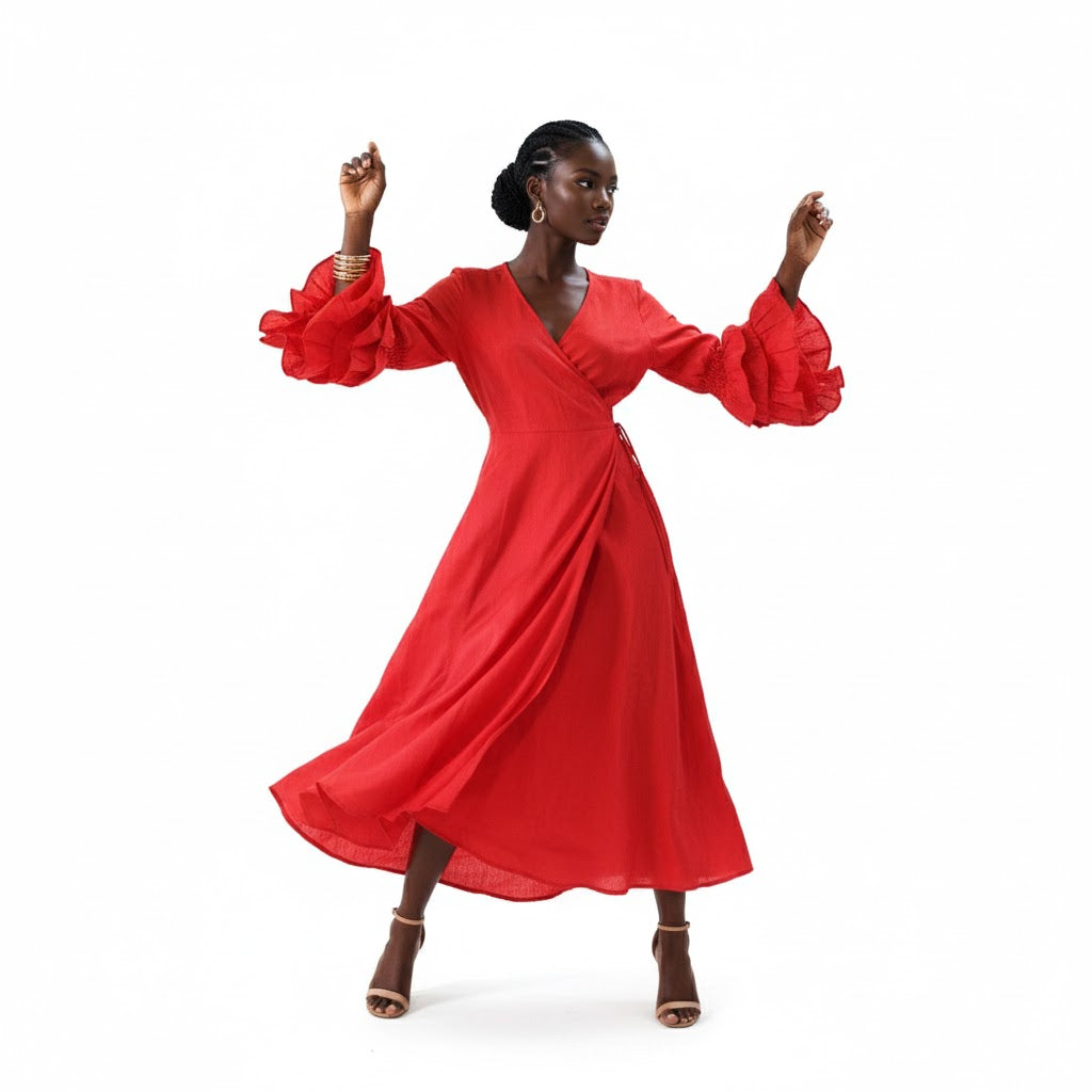 Solid Color Wrap Dress - Red