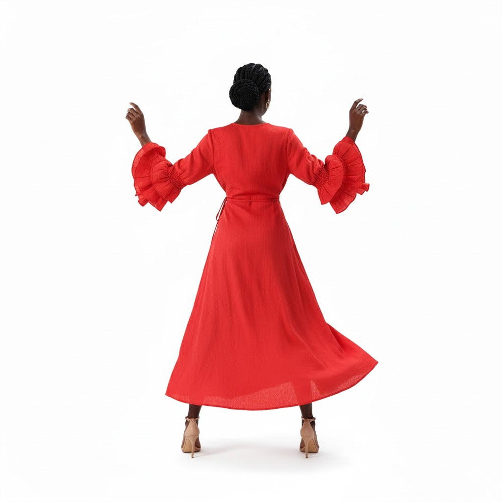 Solid Color Wrap Dress - Red